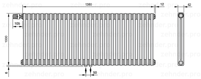 Схема (чертеж) Радиатор Zehnder Charleston 2100/30 №V007 Белый глянцевый RAL 9016